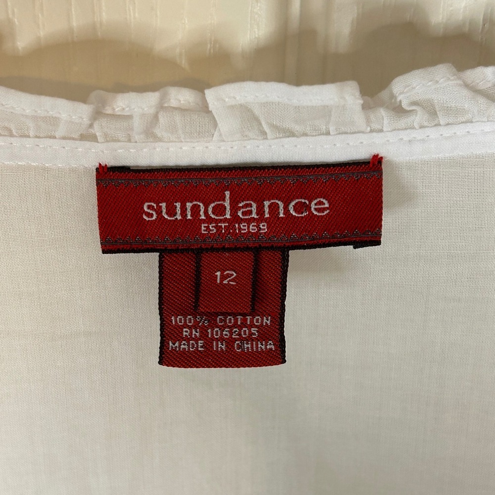 Sundance White Cotton Long Sleeve Button‎ Front Blouse Ruffle Trim Size 12 - Picture 9 of 15